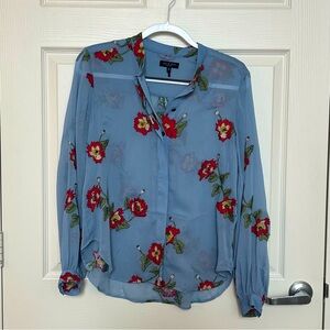 Rag & Bone Stevie Blue Sheer Button Down Embroidered Floral Blouse Size …